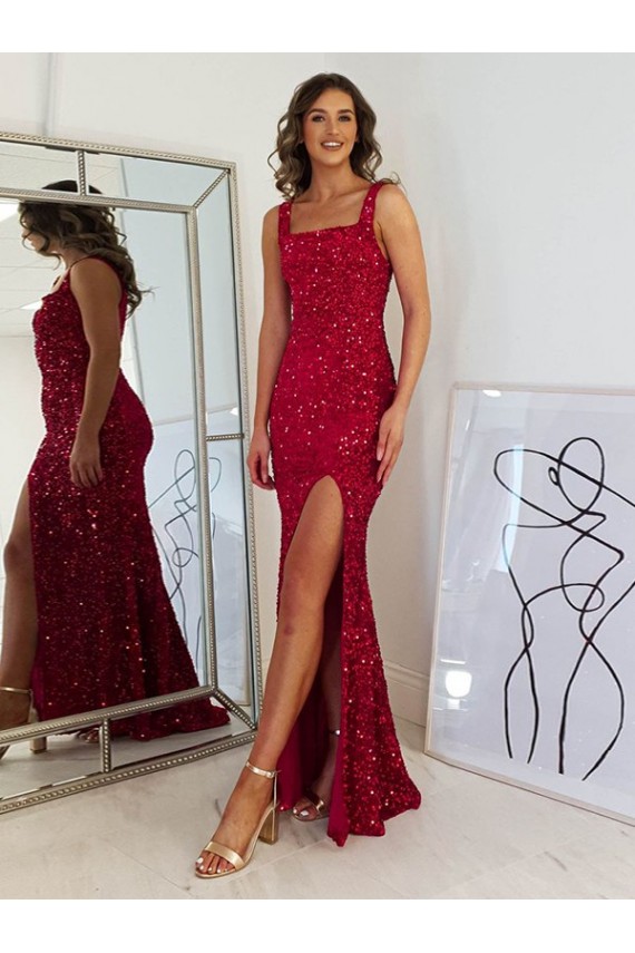 Best Velvet Sequin Long Square Neck Sheath Evening Gown