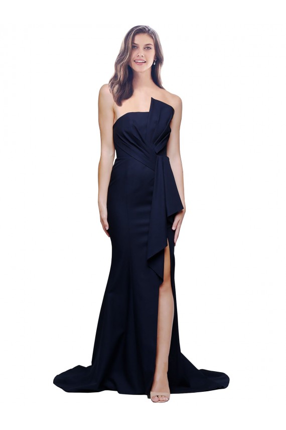 Best Stretch Crepe Low Back Sweep Train Strapless Sheath Semi Formal Evening Dress