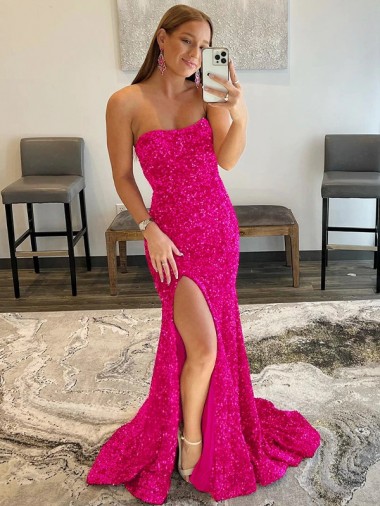 Best Velvet Sequin Sleeveless Strapless Fuchsia Sheath Evening Dress