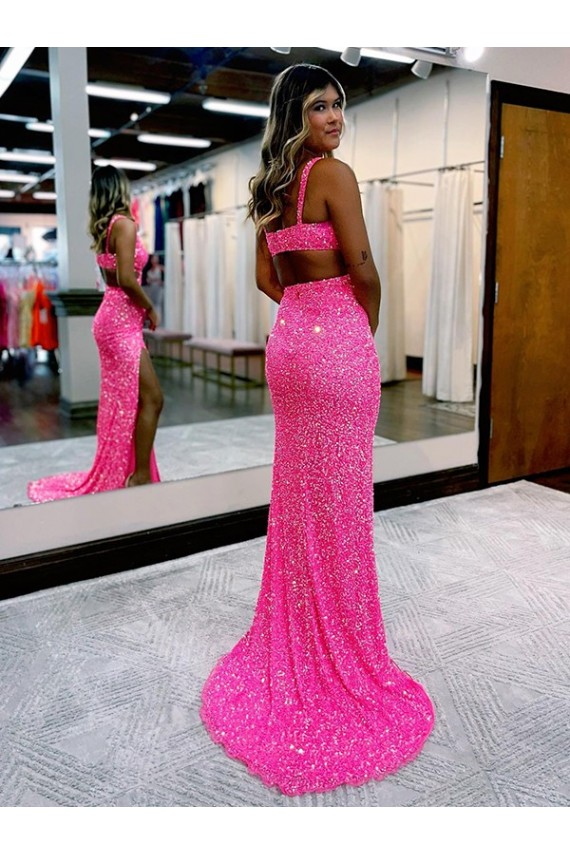 Best Velvet Sequin Long Sweep Train V-Neck Sheath Evening Dress