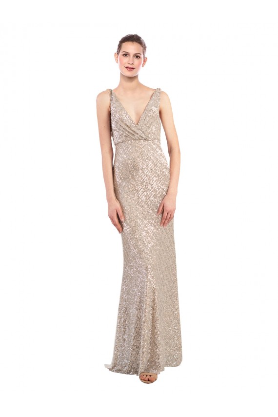 Best Sparkling Sequin Low Back Long V-Neck Sheath Formal Evening Dress