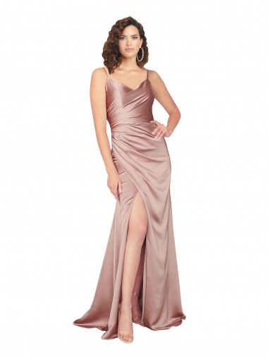 Best Silky Satin V-Back Long V-Neck Sheath Black Tie Evening Dress