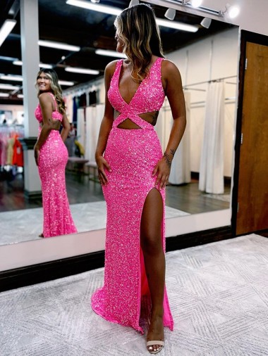 Best Velvet Sequin Long Sweep Train V-Neck Sheath Evening Dress