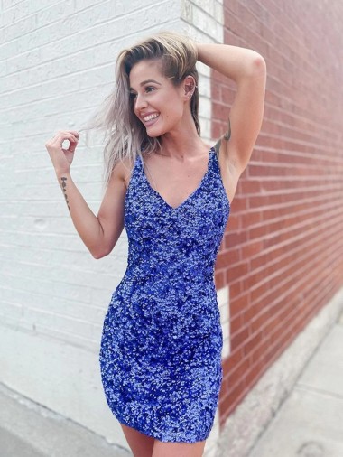 Best Velvet Sequin Short V-Neck Sheath Evening Gown