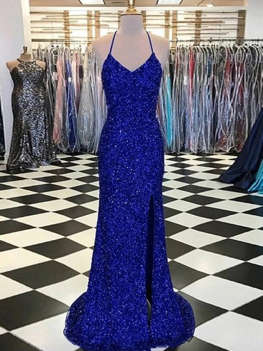 Best Velvet Sequin Sleeveless V-Neck Royal Blue Sheath Evening Dress