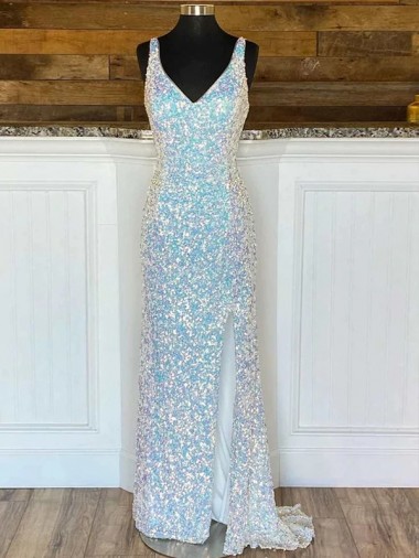 Best Velvet Sequin Sweep Train V-Neck Sheath Evening Dress