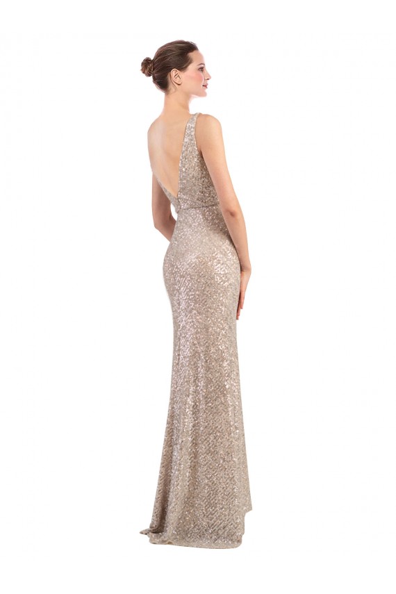 Best Sparkling Sequin Low Back Long V-Neck Sheath Formal Evening Dress