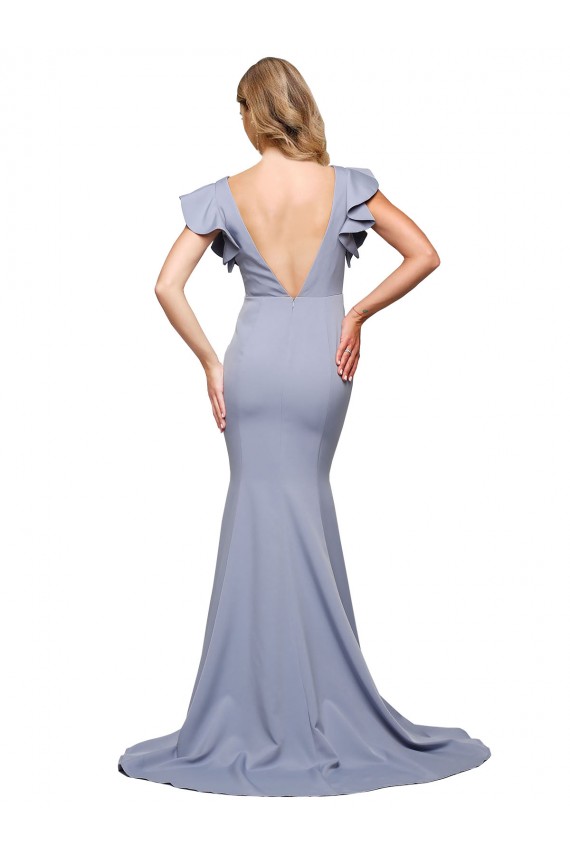 Best Stretch Crepe V-Back Sweep Train Round Neck Mermaid Formal Evening Dress