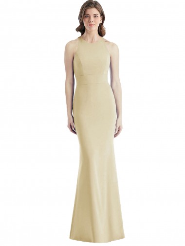 Best Stretch Crepe Criss Cross Open Back Long Bateau Neck Trumpet Semi Formal Evening Dress
