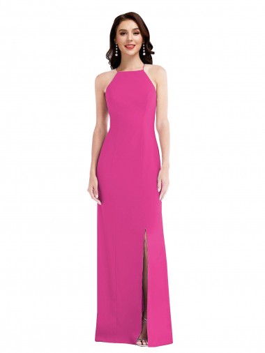Best Stretch Crepe Open Back Long Halter Neck Fuchsia Trumpet Formal Evening Dress