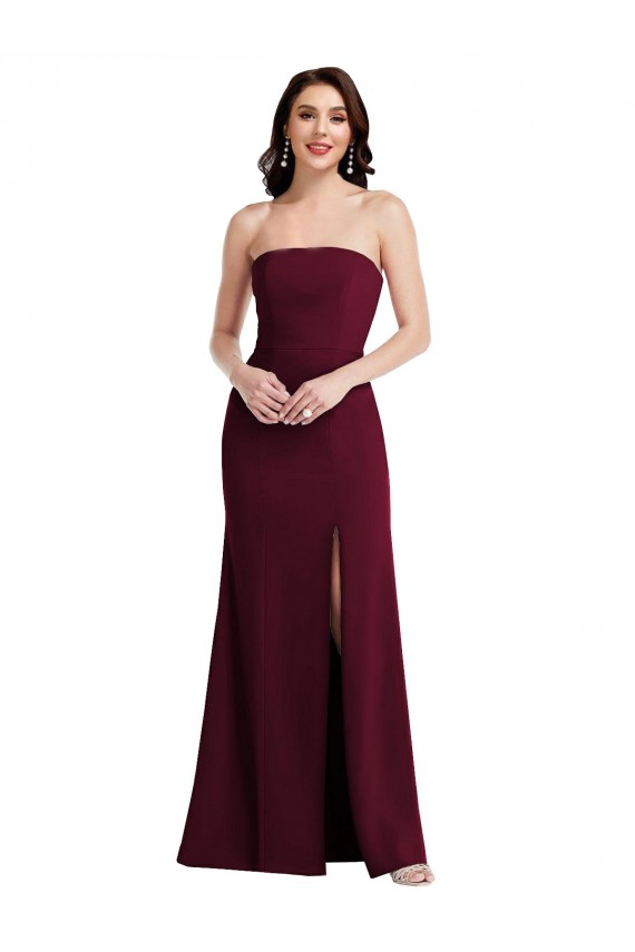 Best Stretch Crepe Long Strapless Burgundy Gold Trumpet Semi Formal Evening Dress